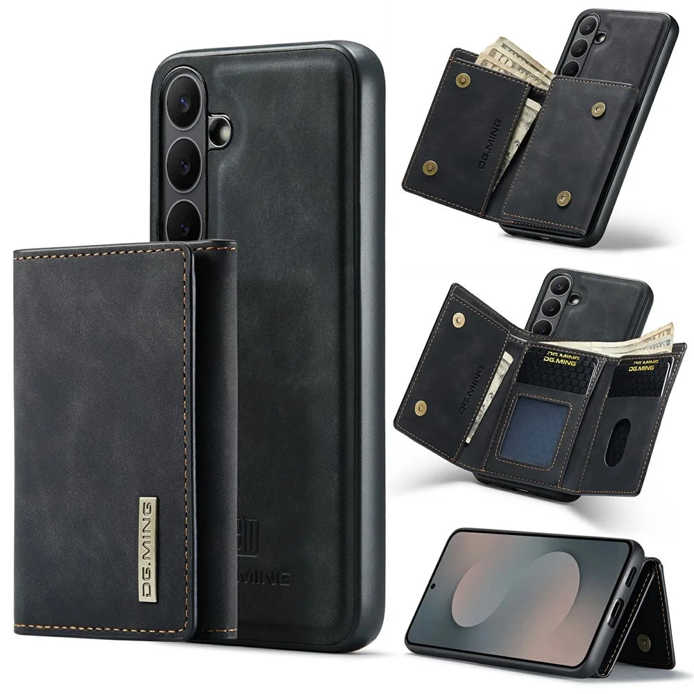 DG.MING M1 Series for Samsung Galaxy S25 FE Case Kickstand PU Phone Cover with Detachable Wallet - Black - 1