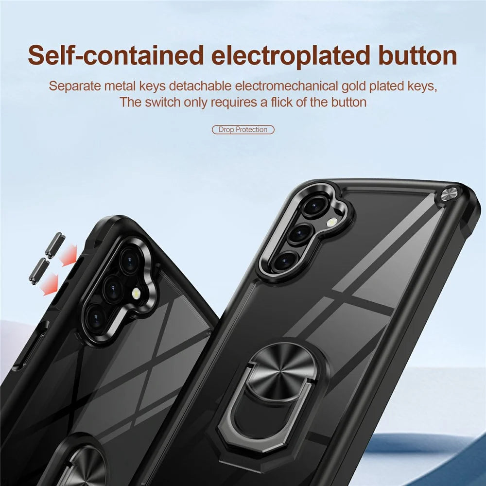 For Samsung Galaxy A18 5G / A18 4G / A17 5G / A17 4G Case Alloy Lens Frame PC + TPU Kickstand Phone Back Cover - Black - 6