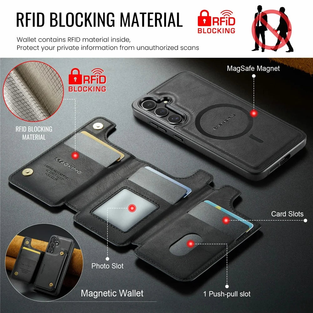 MAGKING K3 Series For Samsung Galaxy S25 FE Magnetic Case Wallet PC + TPU + PU Phone Cover - Black - 7