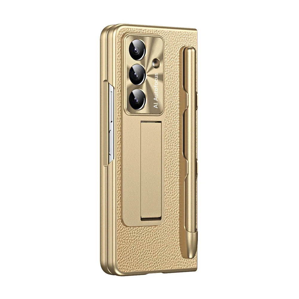 For Samsung Galaxy Z Fold7 5G Case Kickstand Leather + PC Hard Phone Cover with Screen Film and Stylus - Champagne Gold - 4