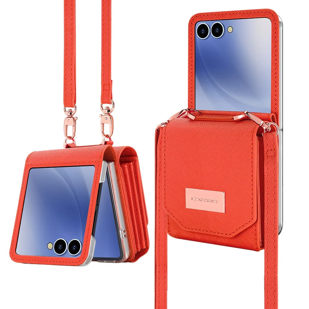 For Samsung Galaxy Z Flip7 5G Case Card Bag Kickstand PU Leather PC Phone Cover with Strap - Orange - 2