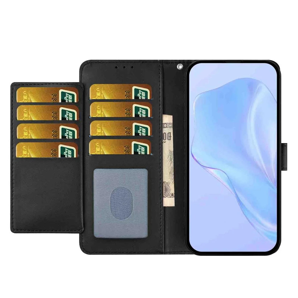 For iPhone 15 Pro Max Wallet Case with Strap / Multiple Card Slots Solid Color Leather Stand Phone Cover - Black - 3