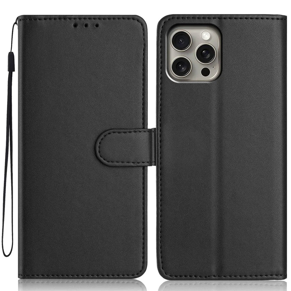 For iPhone 15 Pro Wallet Case with Strap / Multiple Card Slots Solid Color Leather Stand Phone Cover - Black - 1