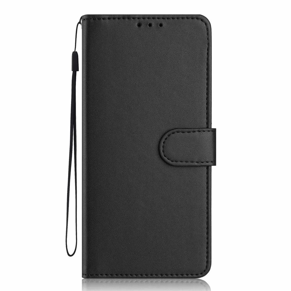 For Samsung Galaxy S25 Edge Wallet Case with Strap / Multiple Card Slots Solid Color Leather Stand Phone Cover - Black - 6
