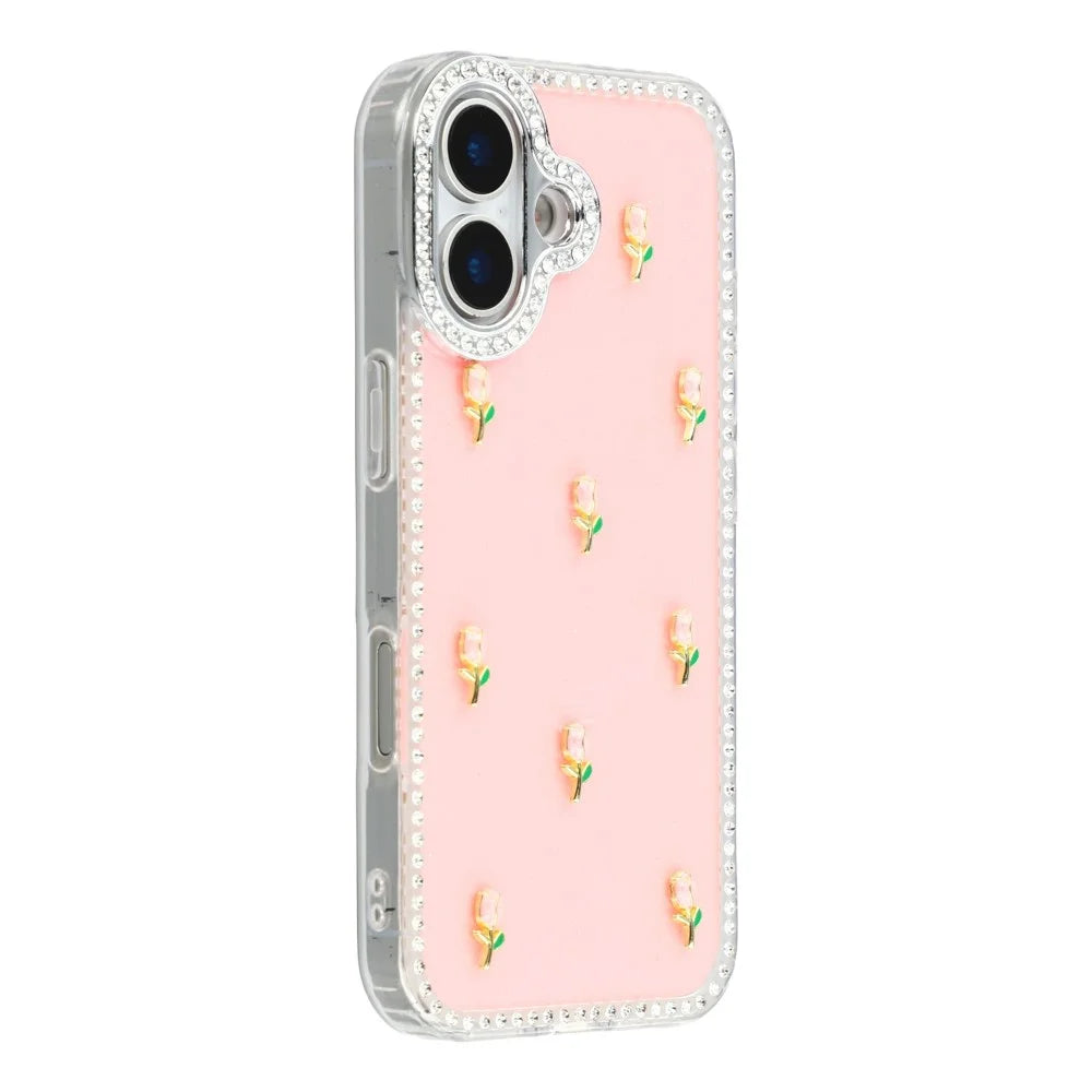 For iPhone 16 Case Rhinestone Edge Small Tulips Decor TPU + PC IMD Phone Cover - Glitter Light Pink - 1