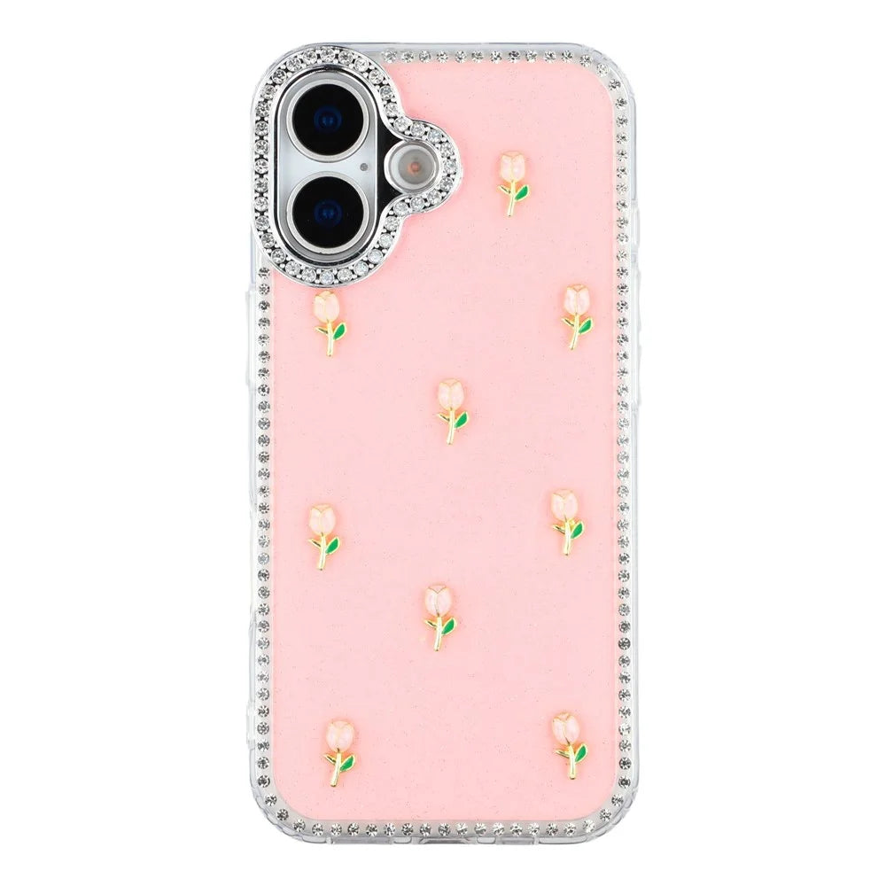 For iPhone 16 Case Rhinestone Edge Small Tulips Decor TPU + PC IMD Phone Cover - Glitter Light Pink - 3