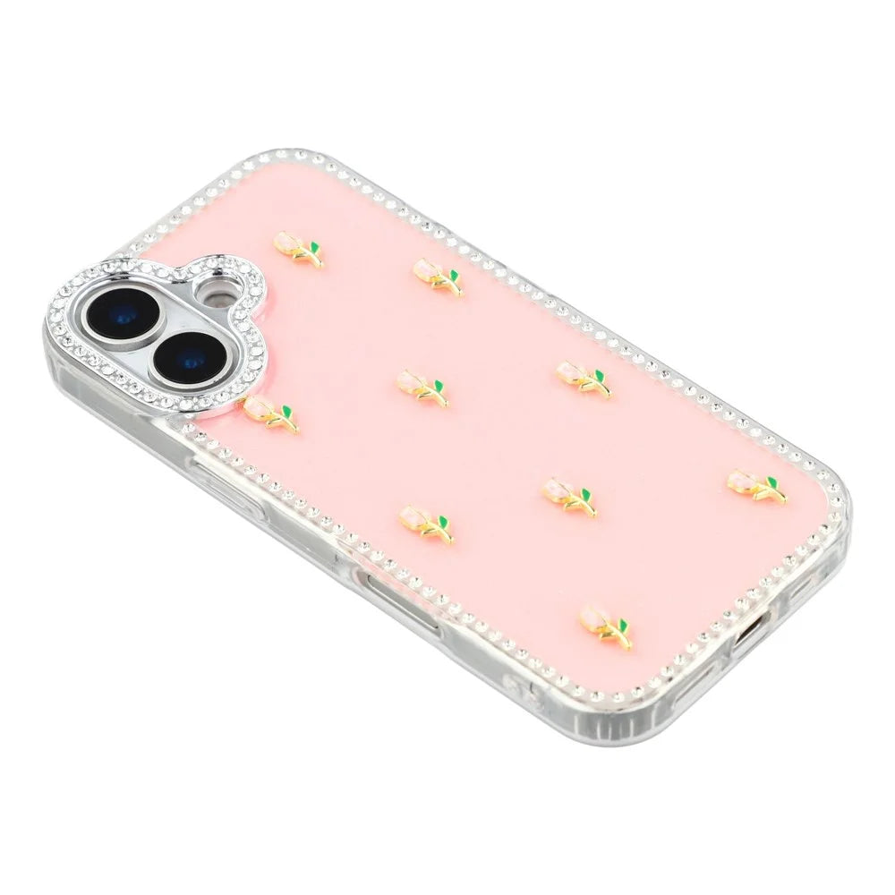For iPhone 16 Case Rhinestone Edge Small Tulips Decor TPU + PC IMD Phone Cover - Glitter Light Pink - 4