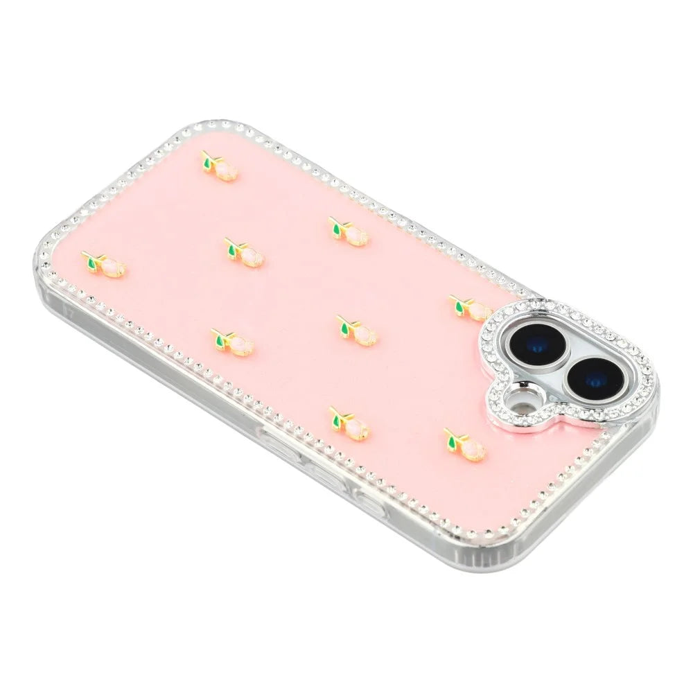 For iPhone 16 Case Rhinestone Edge Small Tulips Decor TPU + PC IMD Phone Cover - Glitter Light Pink - 5
