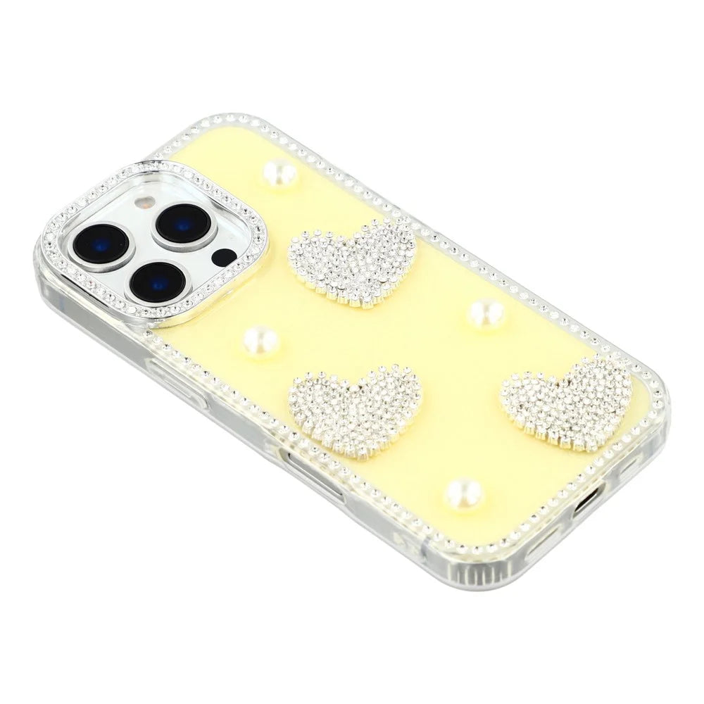 For iPhone 16 Pro Max Case Rhinestone Edge Pearl Love Decor TPU + PC IMD Phone Cover - Glitter Light Yellow - 4