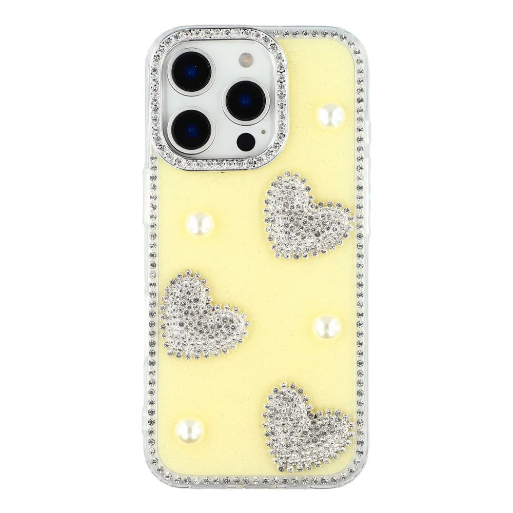 For iPhone 16 Pro Case Rhinestone Edge Pearl Love Decor TPU + PC IMD Phone Cover - Glitter Light Yellow - 3