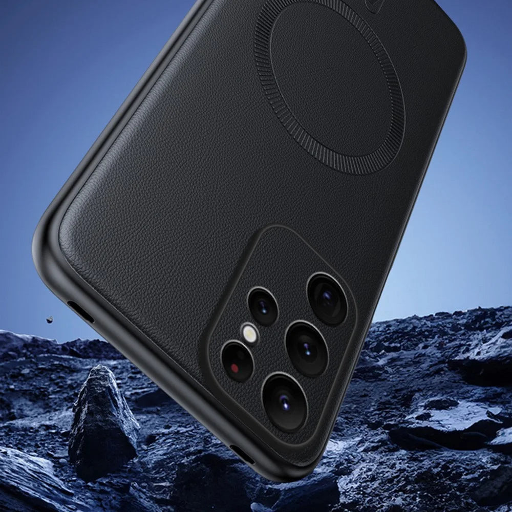 For Samsung Galaxy S25 Ultra Magnetic Case Leather Coated TPU + PC Phone Cover - Black - 5