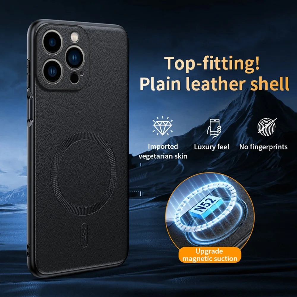 For iPhone 16 Pro Case Compatible with MagSafe Leather Coated TPU + PC Phone Cover - Black - 2