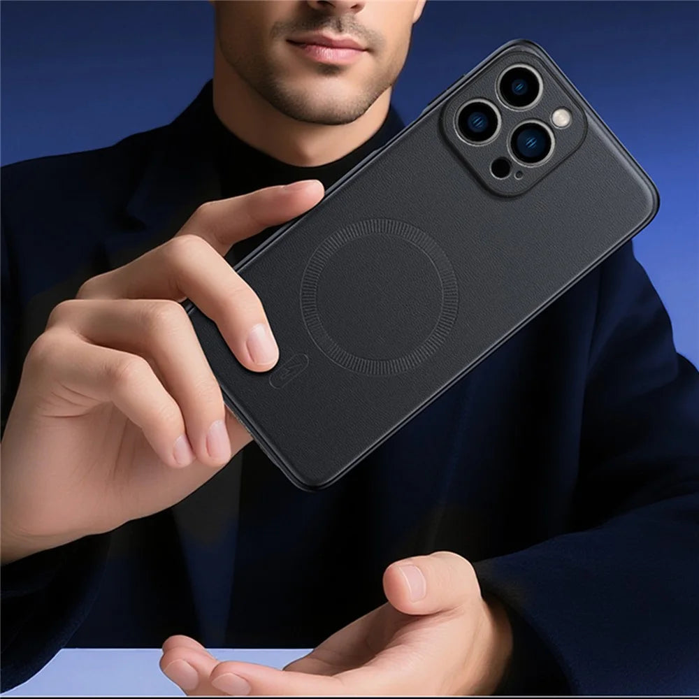 For iPhone 16 Pro Case Compatible with MagSafe Leather Coated TPU + PC Phone Cover - Black - 3