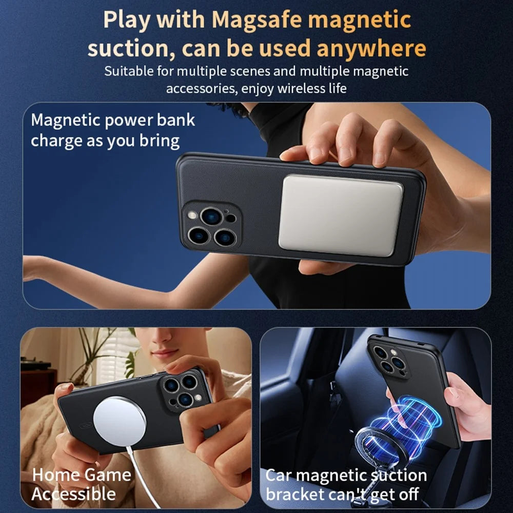 For iPhone 16 Pro Case Compatible with MagSafe Leather Coated TPU + PC Phone Cover - Black - 4
