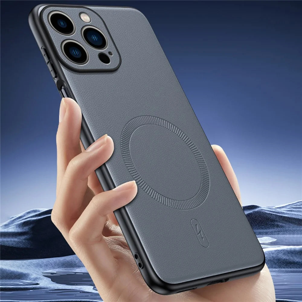 For iPhone 16 Pro Case Compatible with MagSafe Leather Coated TPU + PC Phone Cover - Black - 6