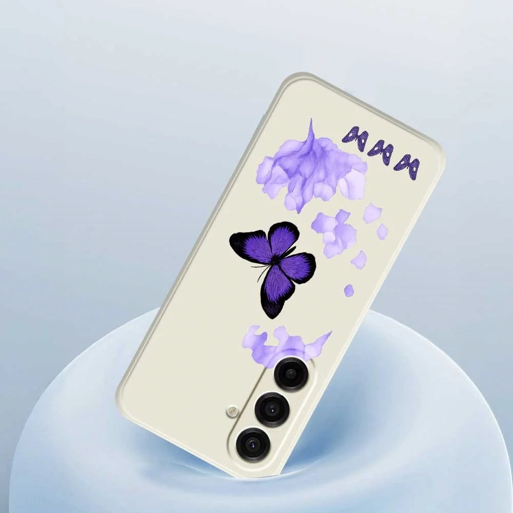 For Samsung Galaxy A18 5G / A18 4G / A17 5G / A17 4G Case Purple Butterfly Pattern Printing Straight Edge TPU Phone Back Cover - Beige - 5