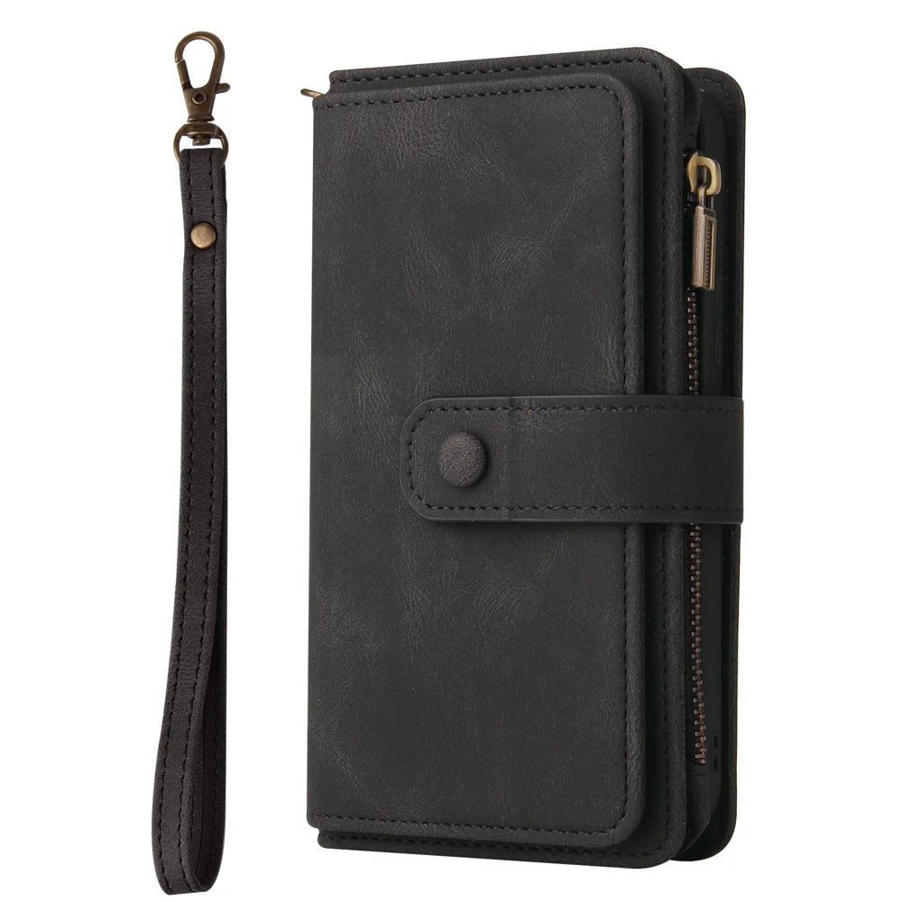 For Google Pixel 8 Zipper Wallet Case with 15 Card Slots and Strap Leather Phone Cover - Black - 7