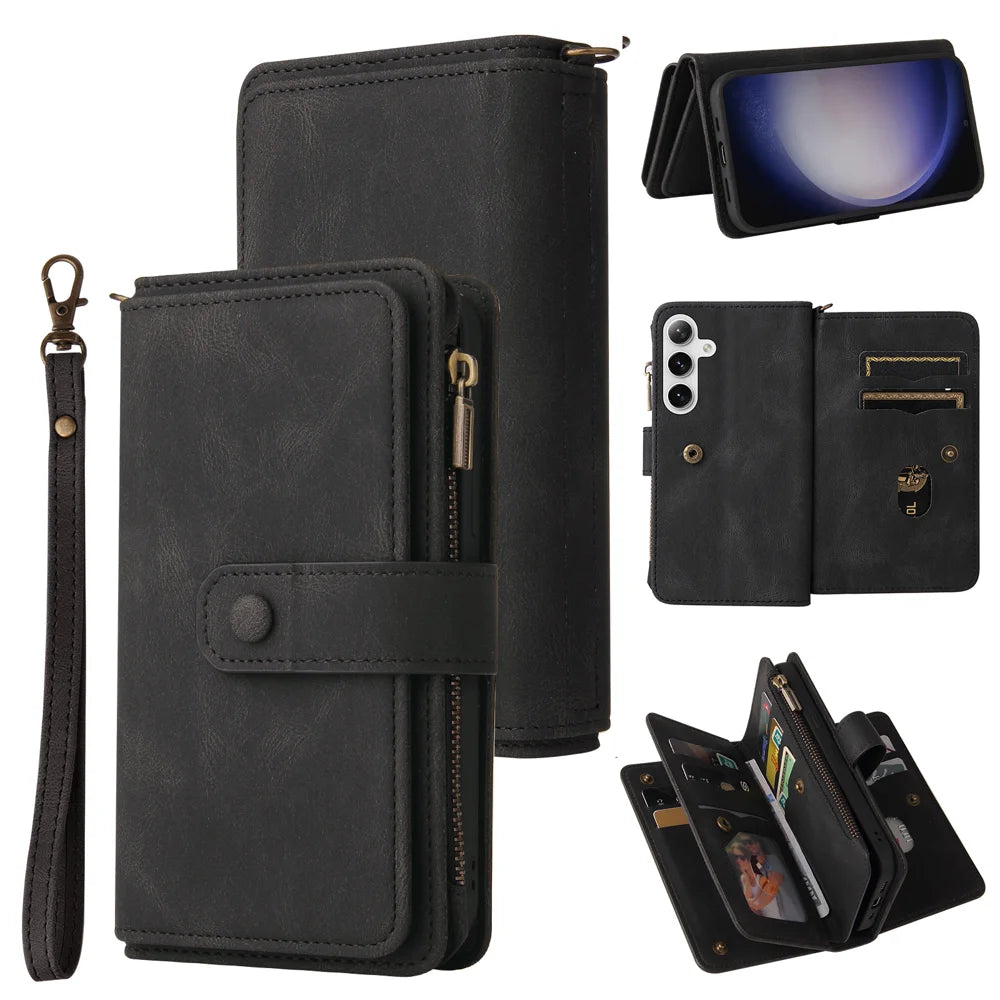 For Samsung Galaxy S24 / Galaxy S25 Zipper Wallet Case with 15 Card Slots and Strap Leather Phone Cover - Black - 1