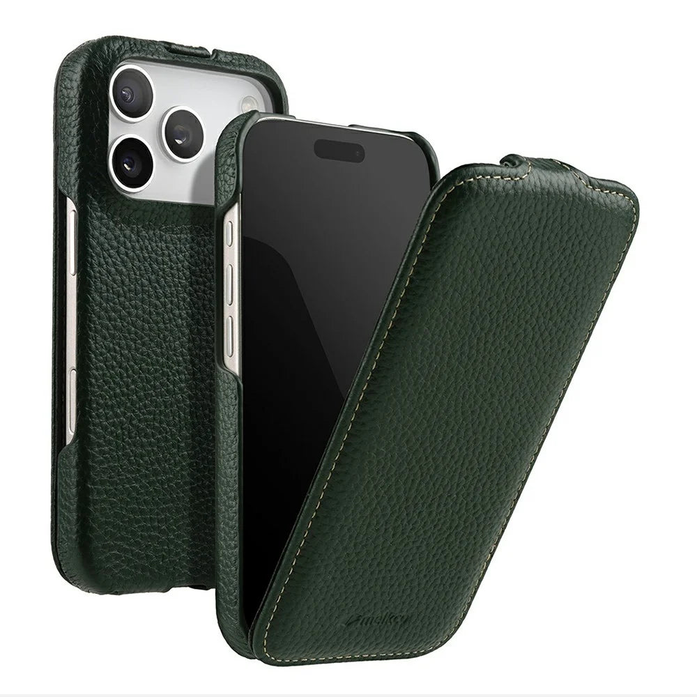 MELKCO For iPhone 17 Pro Max Case Compatible with MagSafe Vertical Flip Genuine Cow Leather + PC Phone Cover - Green - 1