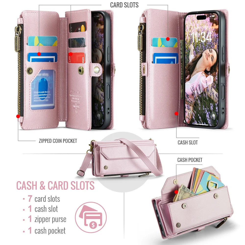 CASEME For iPhone 18 Pro / 17 Pro Leather Case  C36 Zipper 10 Card Slots Phone Cover with Straps - Pink - 2