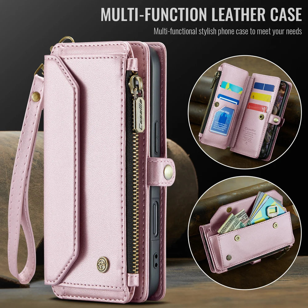 CASEME For iPhone 18 Pro / 17 Pro Leather Case  C36 Zipper 10 Card Slots Phone Cover with Straps - Pink - 7