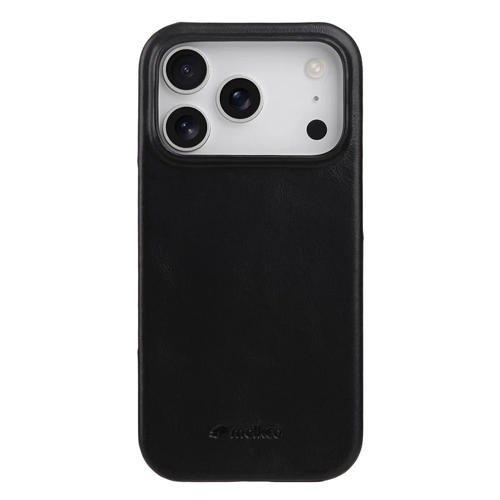 MELKCO For iPhone 17 Pro Case Compatible with MagSafe Waxy Genuine Cow Leather PC Phone Back Cover - Black - 1