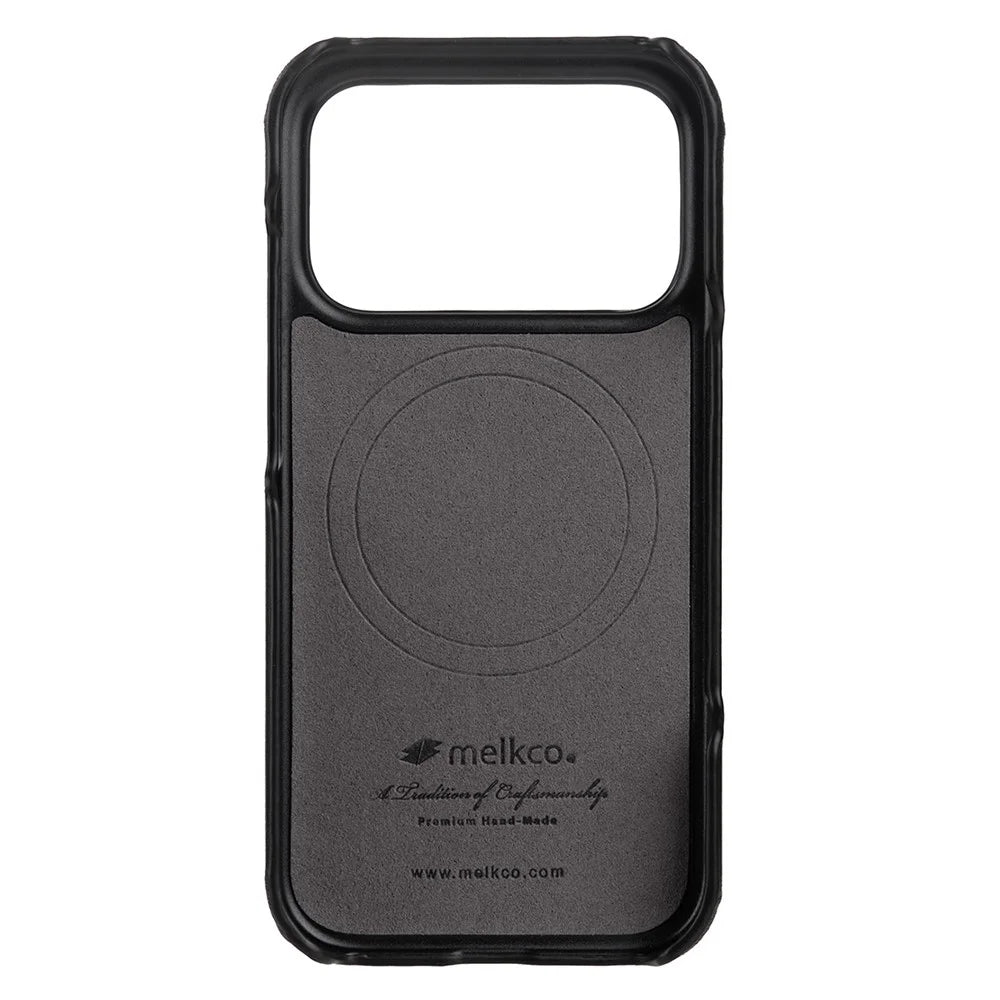 MELKCO For iPhone 17 Pro Case Compatible with MagSafe Waxy Genuine Cow Leather PC Phone Back Cover - Black - 2