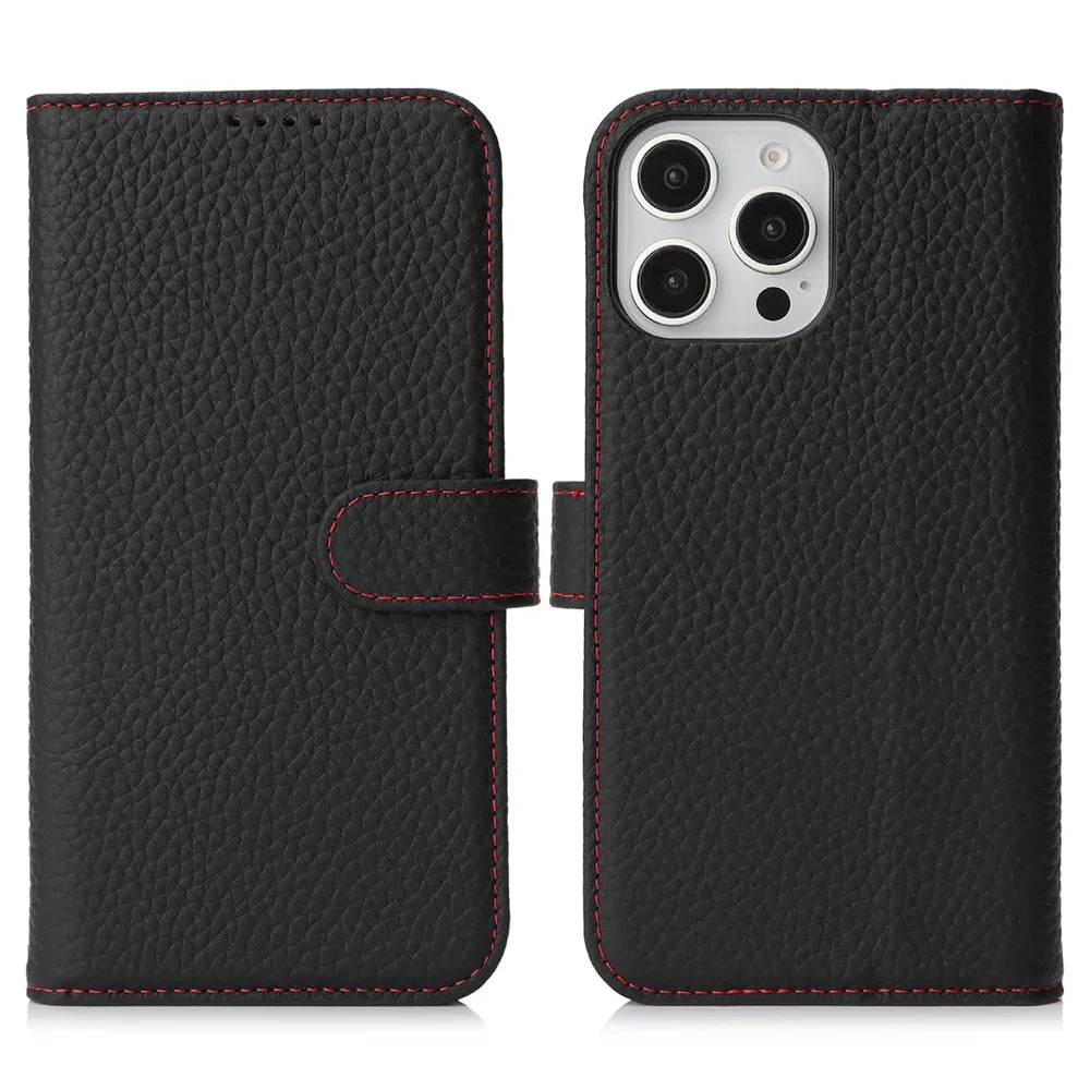 For iPhone 16 Pro Stand Case Litchi Texture Genuine Cow Leather Wallet Phone Cover RFID Blocking - Black / Red - 1