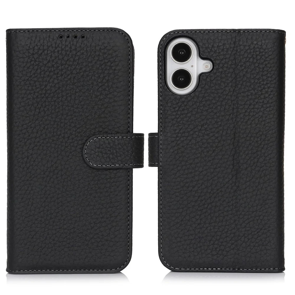 For iPhone 16 Plus Stand Case Litchi Texture Genuine Cow Leather Wallet Phone Cover RFID Blocking - Black - 1