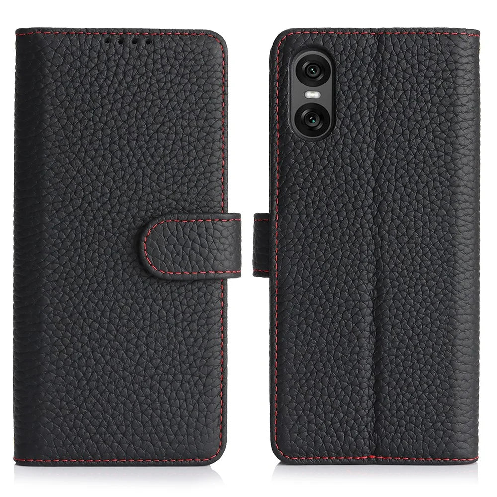 For Sony Xperia 10 VI Stand Case Litchi Texture Genuine Cow Leather Wallet Phone Cover RFID Blocking - Black / Red - 1