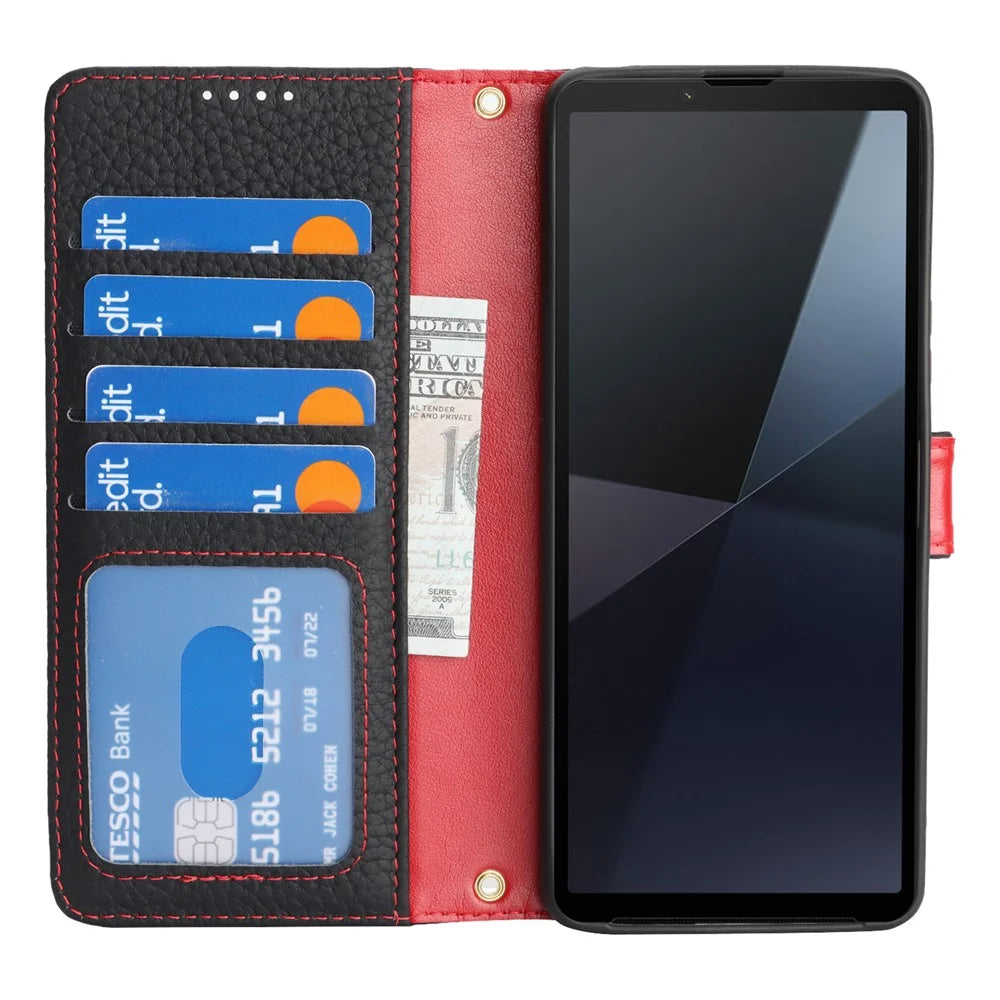 For Sony Xperia 10 VI Stand Case Litchi Texture Genuine Cow Leather Wallet Phone Cover RFID Blocking - Black / Red - 2
