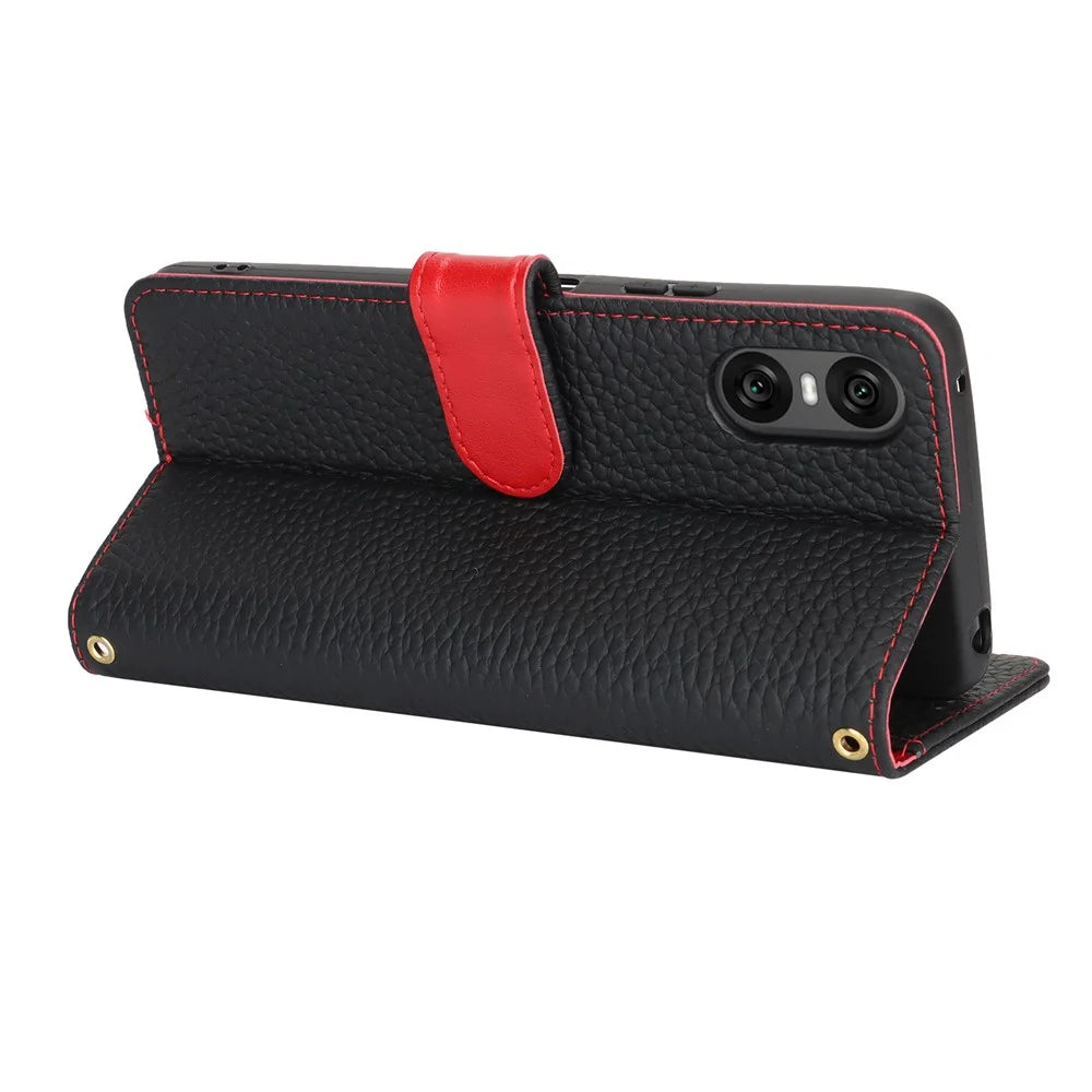 For Sony Xperia 10 VI Stand Case Litchi Texture Genuine Cow Leather Wallet Phone Cover RFID Blocking - Black / Red - 4