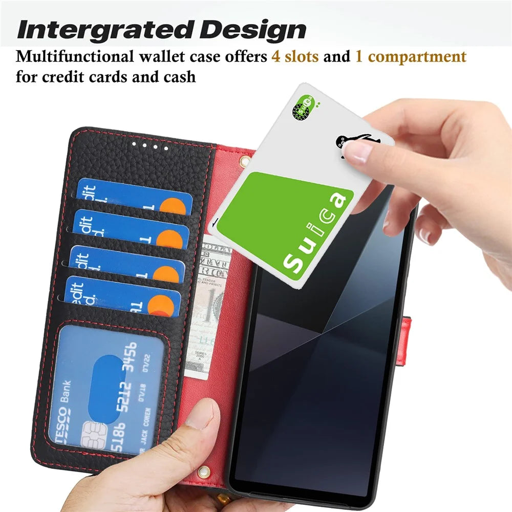 For Sony Xperia 10 VI Stand Case Litchi Texture Genuine Cow Leather Wallet Phone Cover RFID Blocking - Black / Red - 6