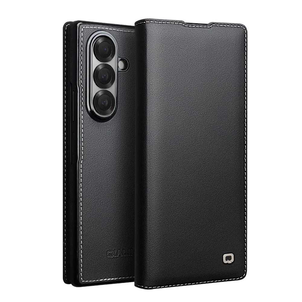 QIALINO For Samsung Galaxy Z Fold7 5G Case Genuine Cow Leather Flip Phone Cover, Black - 1