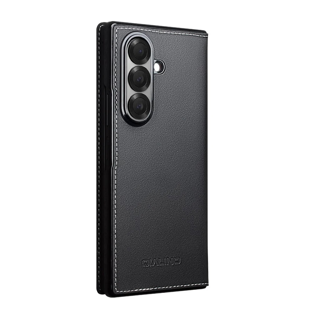 QIALINO For Samsung Galaxy Z Fold7 5G Case Genuine Cow Leather Flip Phone Cover, Black - 4