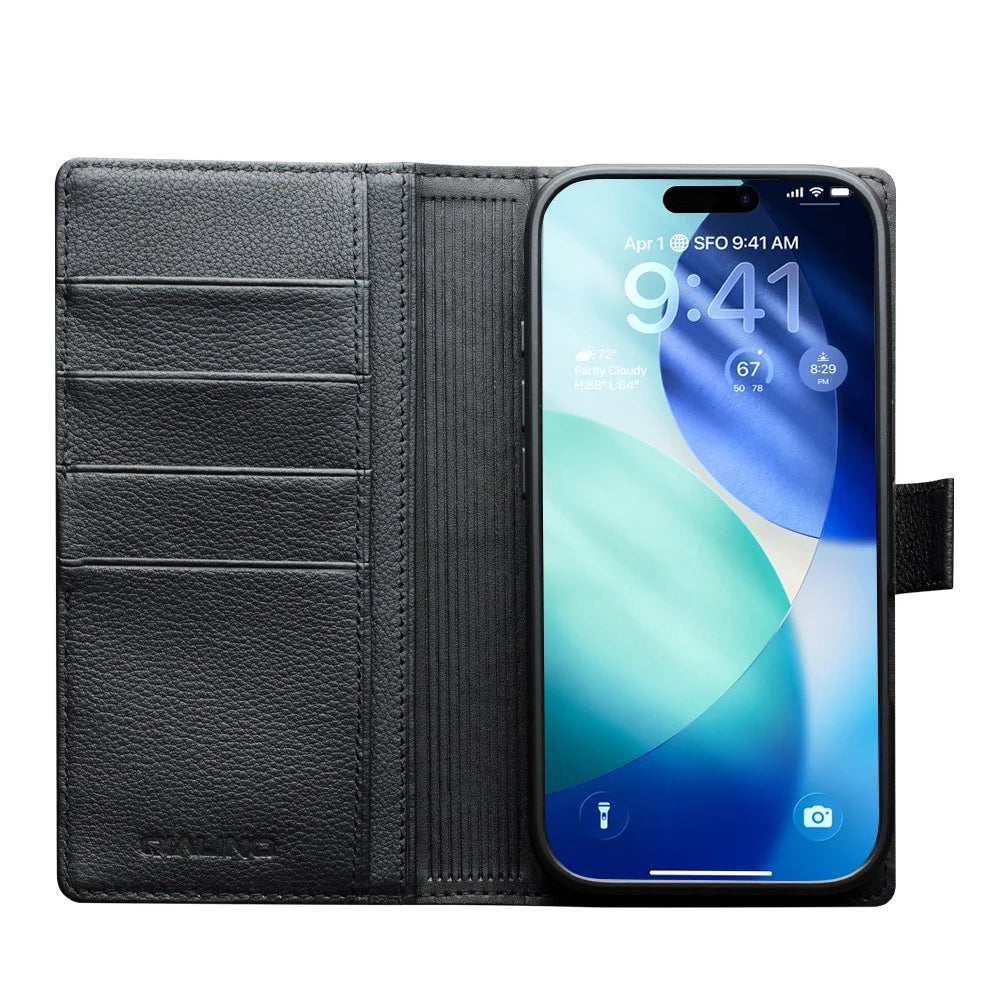 QIALINO For iPhone 17 Pro Case Compatible with MagSafe Detachable Genuine Cow Leather Wallet Phone Cover - Black - 2