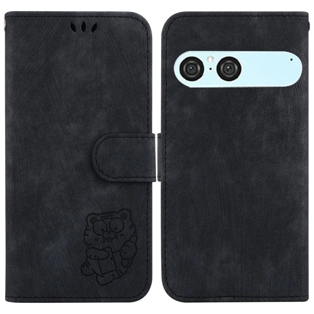 For Sony Xperia 10 VII Wallet Case Tiger Imprint Leather Shockproof Phone Cover with Wrist Strap - Black - 1