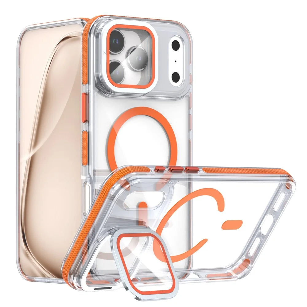 For iPhone 18 Pro Max / 17 Pro Max Magnetic Case TPU Acrylic Clear Phone Back Cover with Lens Protector Kickstand - Orange - 1