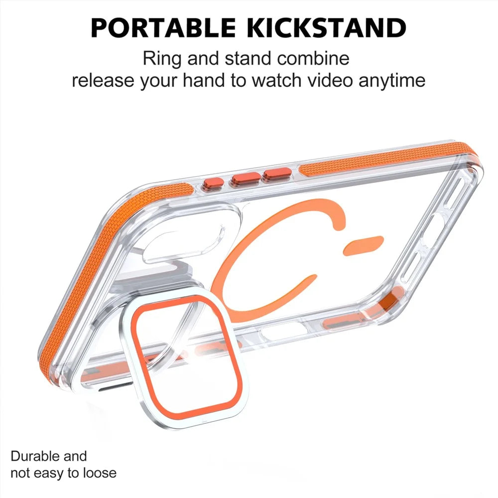 For iPhone 18 Pro Max / 17 Pro Max Magnetic Case TPU Acrylic Clear Phone Back Cover with Lens Protector Kickstand - Orange - 2