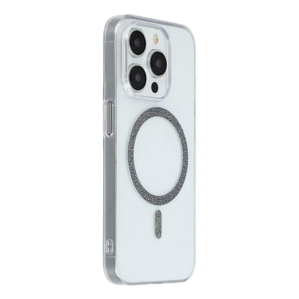 For iPhone 15 Pro Magnetic Case Glitter Ring 1.5mm Hard PC Clear Phone Cover - Black - 1