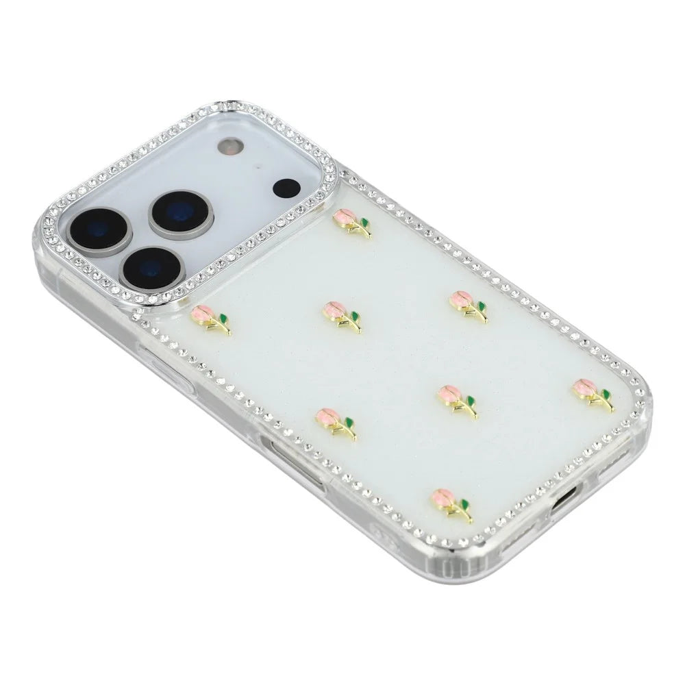 For iPhone 18 Pro Max / 17 Pro Max Case Rhinestone Edge Small Tulips Decor TPU + PC IMD Phone Cover - Glitter White - 4