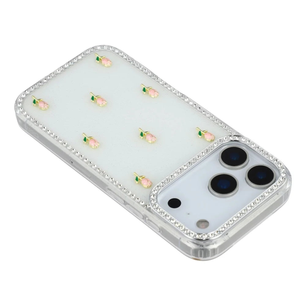 For iPhone 18 Pro Max / 17 Pro Max Case Rhinestone Edge Small Tulips Decor TPU + PC IMD Phone Cover - Glitter White - 5