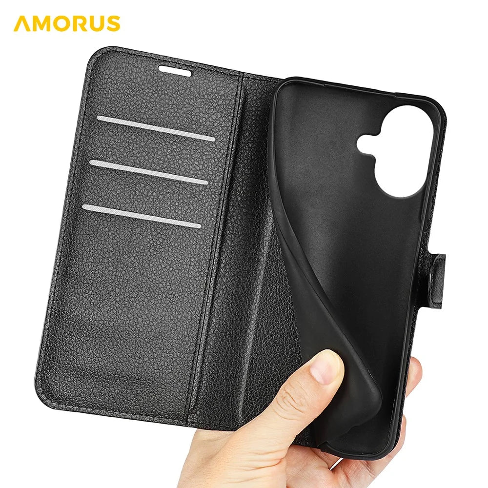 AMORUS For iPhone 17 Wallet Case Litchi Texture Shockproof Leather Flip Stand Phone Cover - Black - 4