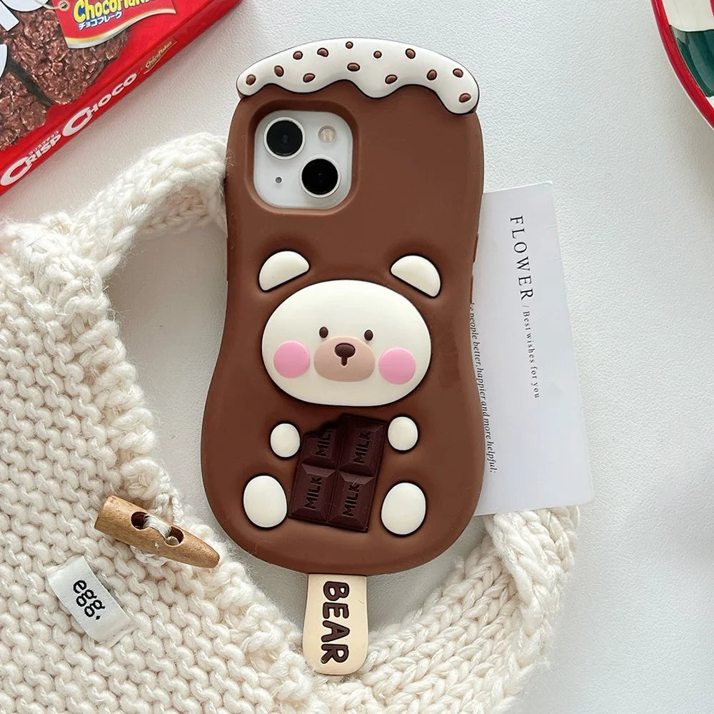 For iPhone 15 Silicone Case Cute Ice Cream Bear Design Shockproof Phone Back Cover - 2