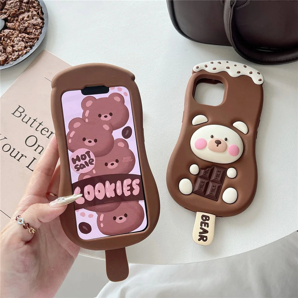 For iPhone 15 Silicone Case Cute Ice Cream Bear Design Shockproof Phone Back Cover - 4