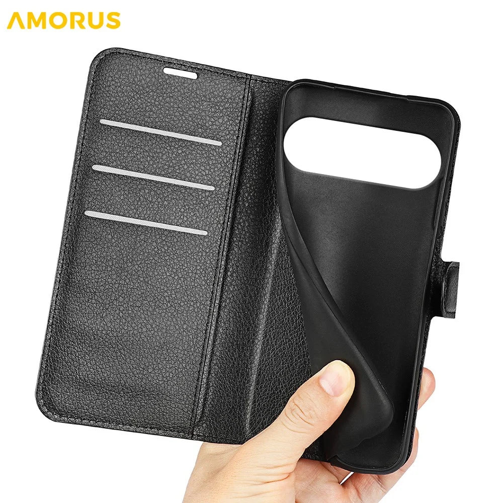 AMORUS For Google Pixel 10 Wallet Case Litchi Texture Shockproof Leather Flip Stand Phone Cover - Black - 5
