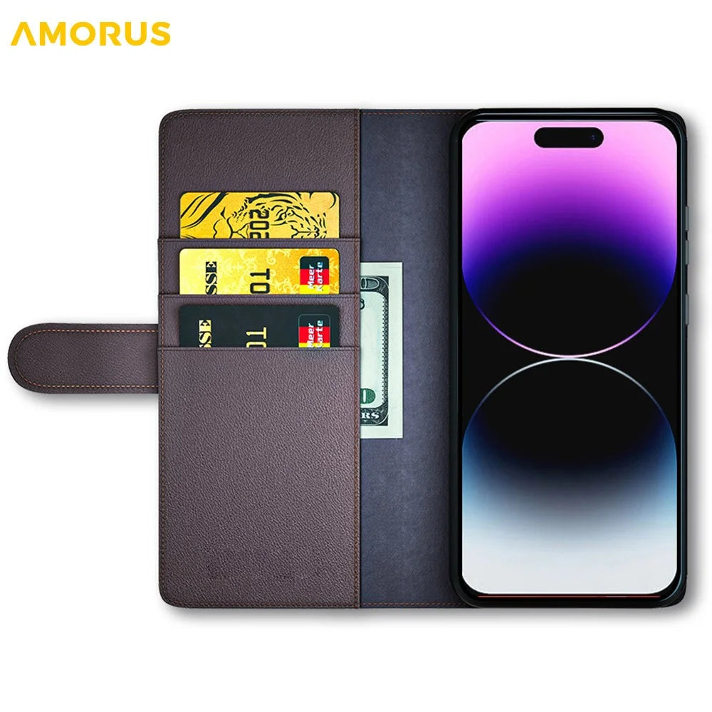 AMORUS For iPhone 14 Pro Stand Cases Calf Texture Genuine Split Leather Wallet Phone Cover - Brown - 2