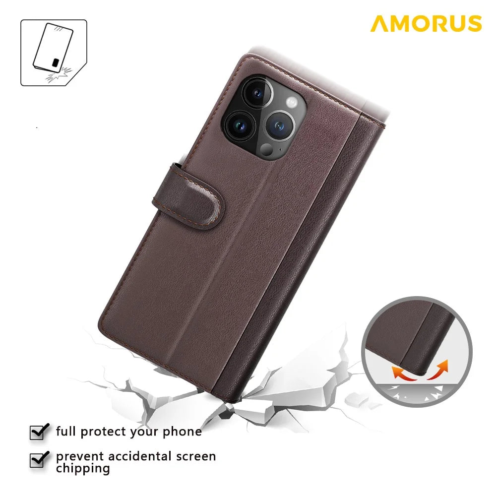 AMORUS For iPhone 14 Pro Stand Cases Calf Texture Genuine Split Leather Wallet Phone Cover - Brown - 4