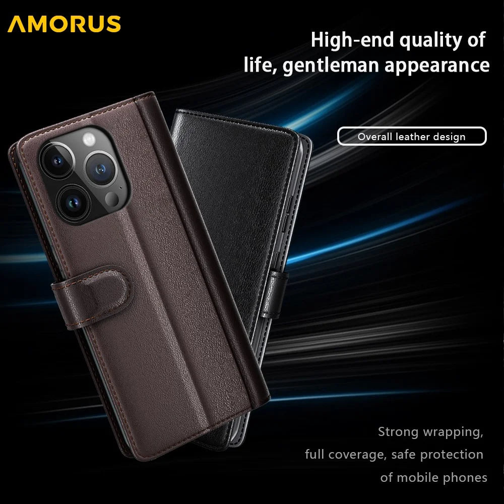 AMORUS For iPhone 14 Pro Stand Cases Calf Texture Genuine Split Leather Wallet Phone Cover - Brown - 6