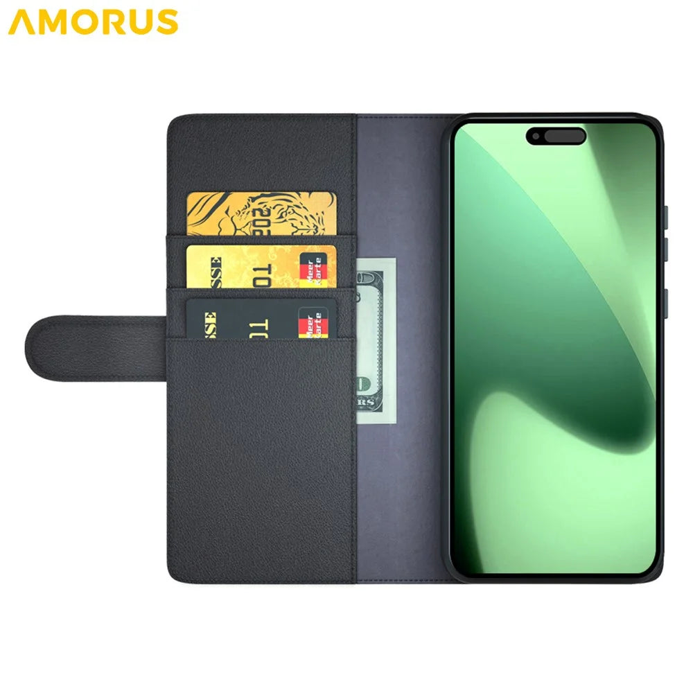 AMORUS For iPhone 18 Pro Max / 17 Pro Max Stand Cases Calf Texture Genuine Split Leather Wallet Phone Cover - Black - 2
